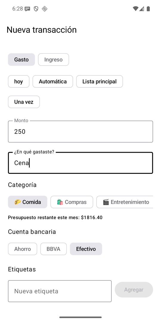 Formulario para registrar un gasto con el presupuesto restante